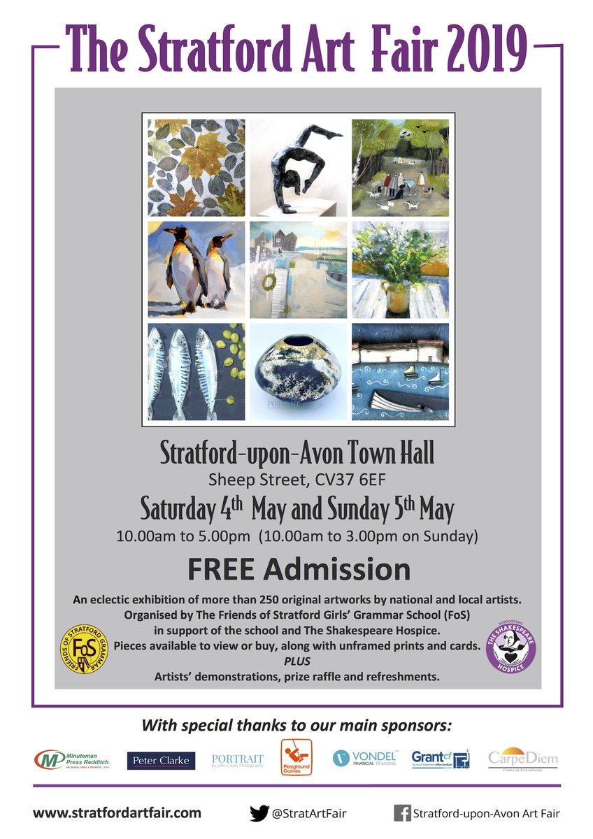 StratArtFair's tweet photo. Less than 5 weeks to go! Visit our FREE art fair at the Town Hall - all proceeds to charity. View and/or purchase a range of work from professional artists. @EventsWhatsOn @Shottery @ShakespearesEng https://t.co/axFj7tFaLW