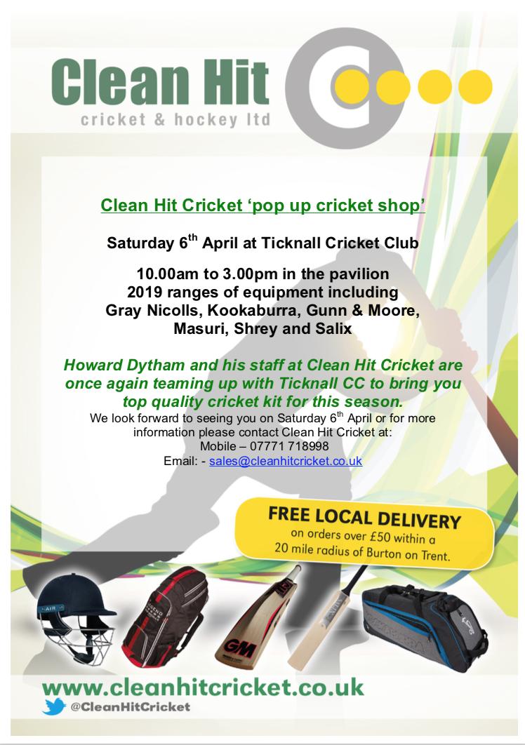 CleanHitCricket's tweet photo. Looking forward to being part of an important Club Day @Ticknallcc on Saturday. @NatWest_Cricket event, @CleanHitCricket pop up shop and @Ticknallcc Junior Registration so plenty going on. Come and see what great gear we've got in stock for the new season. 10.00am-3.00pm https://t.co/pUlIIXmU4g