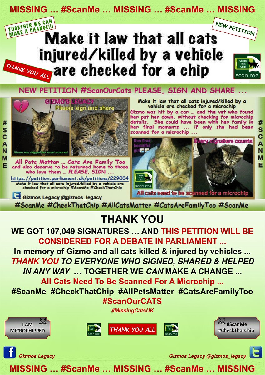 CatsMissing's tweet photo. 💞THANK YOU ALL💞
#GizmosLegacy🐈New Petition achieves 107049 signatures
Parliamentary pack now being compiled for MPs with stories of cats not scanned &amp; impact on their families
If you have story to share email▶gizmoslegacypetition@gmail.com
https://t.co/GrOgMCNjG5
#ScanOurCats https://t.co/64w7BeVXJJ