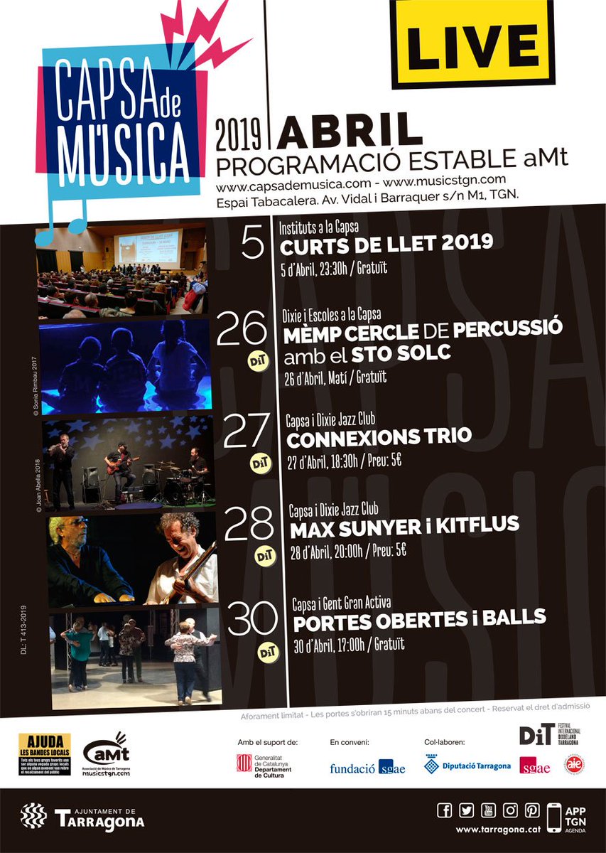 musicstgn's tweet photo. #DIXIE i #CAPSAJAZZCLUB a la #CAPSADEMÚSICA aquest Abril és protagonista a la #programació #25DixieTGN #músics #InstitutsalaCapsa dia 5 #gratis #CURTSDELLET #EscolesalaCapsa #MÈMP #CERCLEDEPERCUSSIÓ #STOSOLC
#CONNEXIONStrio #MaxSunyer #Kitflus #Pegasus #CapsaGentGranActiva #aMt https://t.co/NUwLQw2qkB