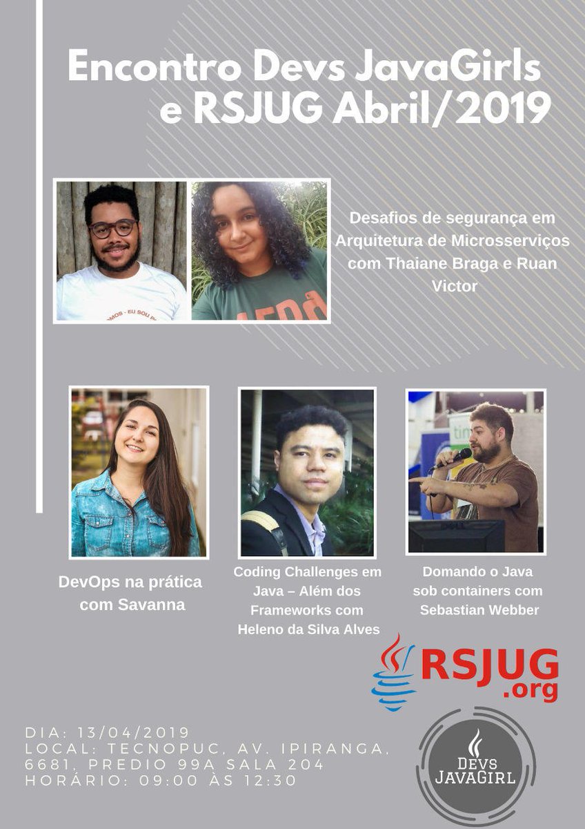 isagiongo's tweet image. Dia 13/04 teremos, no Tecnopuc, Meetup realizado pelas #DevsJavaGirls e #RSJUG 
Super palestras sobre DevOps, Microsserviços, containers, etc!
Vamos?
Inscrições e mais informações no link  lnkd.in/duexGeS