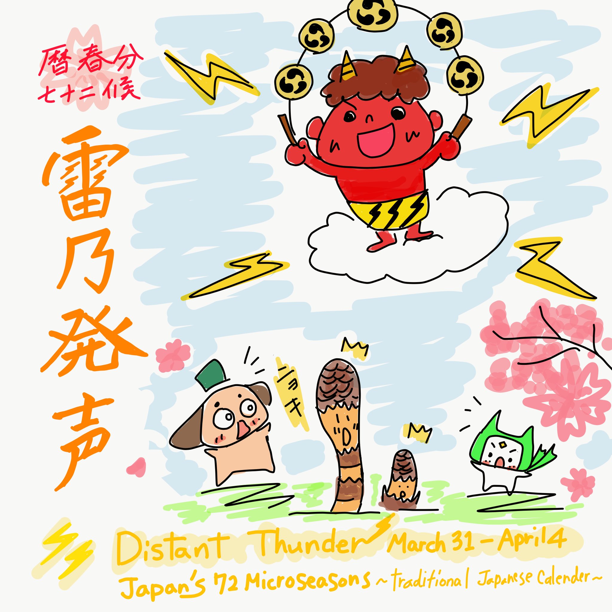 Hoshiromi Distant Thunder 雷乃発声 かみなりすなわちこえをはっす Japan S 72 Micro Seasons 春の訪れを告げる雷がなりはじめる頃 かみなりさま 土筆 日本の暦 春 公家イヌ 東京生活六年生 イラスト ひとこま漫画 七十二候 ほしろみ