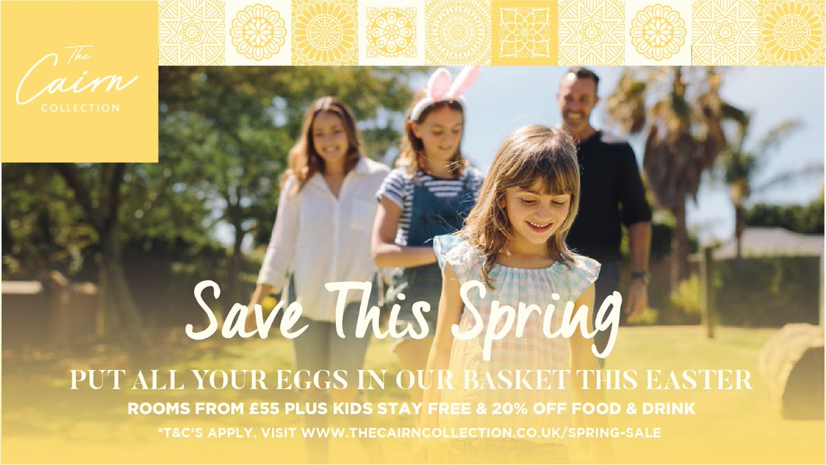 Put a Spring in your step this Easter…🐣
Take advantage of The Cairn Collection #SpringSale and treat you and the family to a luxurious mini break!
With rooms for just £55 and kids staying free at selected hotels you'll be mad to miss out!
Book Now >> bit.ly/PutYourEggsInO…