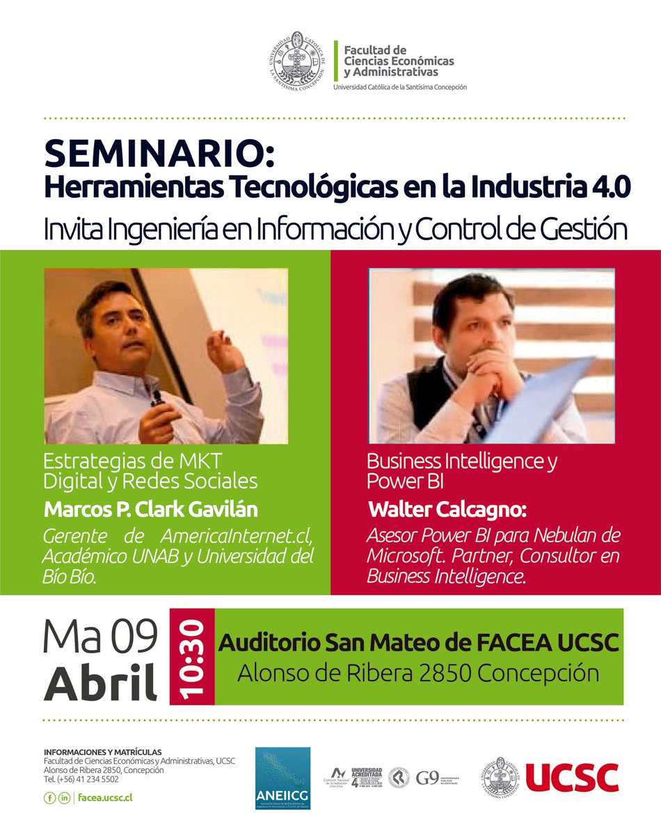 La Carrera Ingeniería en Información y Control de Gestión de FACEA UCSC, te invita al Seminario: Herramientas Tecnológicas en la Industria 4.0. 09 abril 10:30.
<a href="/fozv/">Francisco Ortiz Vidal</a> <a href="/cmelladoc/">Cristhian Mellado</a> <a href="/ucscconcepcion/">UCSC Concepción</a> <a href="/srtilleria/">srtilleria</a> #PowerBI #BusinessIntelligence #SerFacea #faceaucsc #ucsc #ucscconcepcion