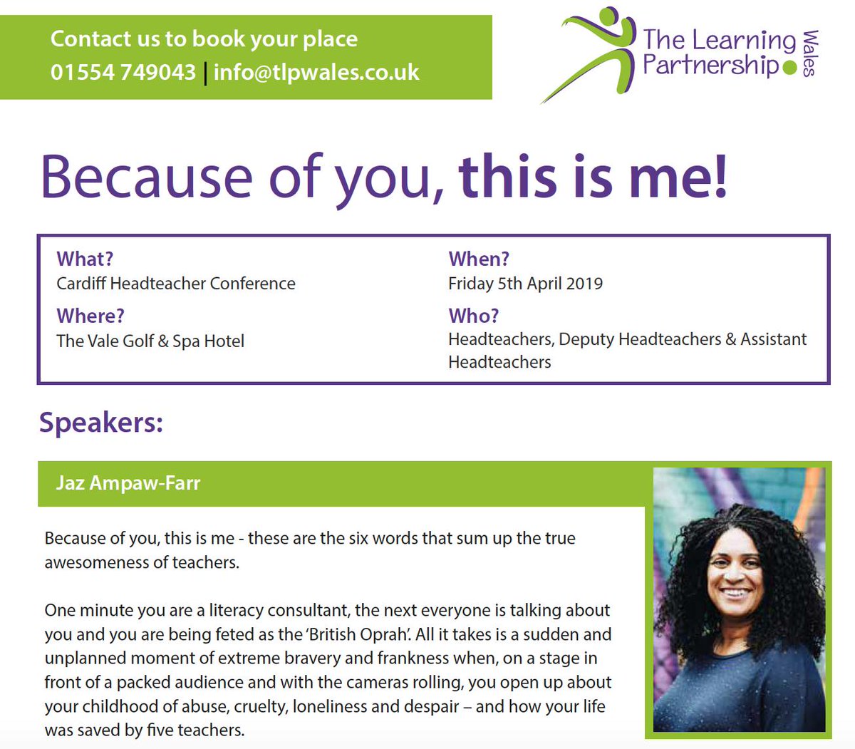 TLPWales's tweet photo. Really looking forward to #HeadsConference Friday 5th April @TheValeResort with @jazampawfarr & #IanGilbert from @ITLWorldwide. Still a few places available for Heads from any LA. https://t.co/2ZhQ8sFHZI https://t.co/phGsn5ktjS