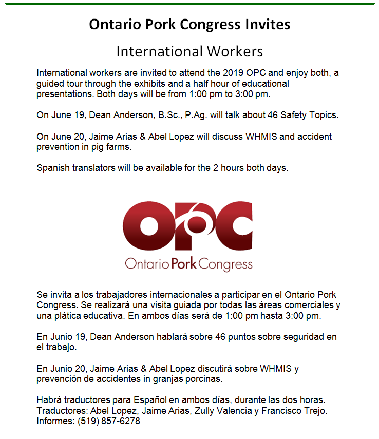 International workers are invited to attend the 2019 Ontario Pork Congress for guided tours &amp; educational presentations from 1pm till 3pm, June 19 &amp; 20 at the Stratford Rotary Complex.

More details at porkcongress.on.ca/events 

#OPC #OntarioPork #KindofaPigDeal #StratfordON