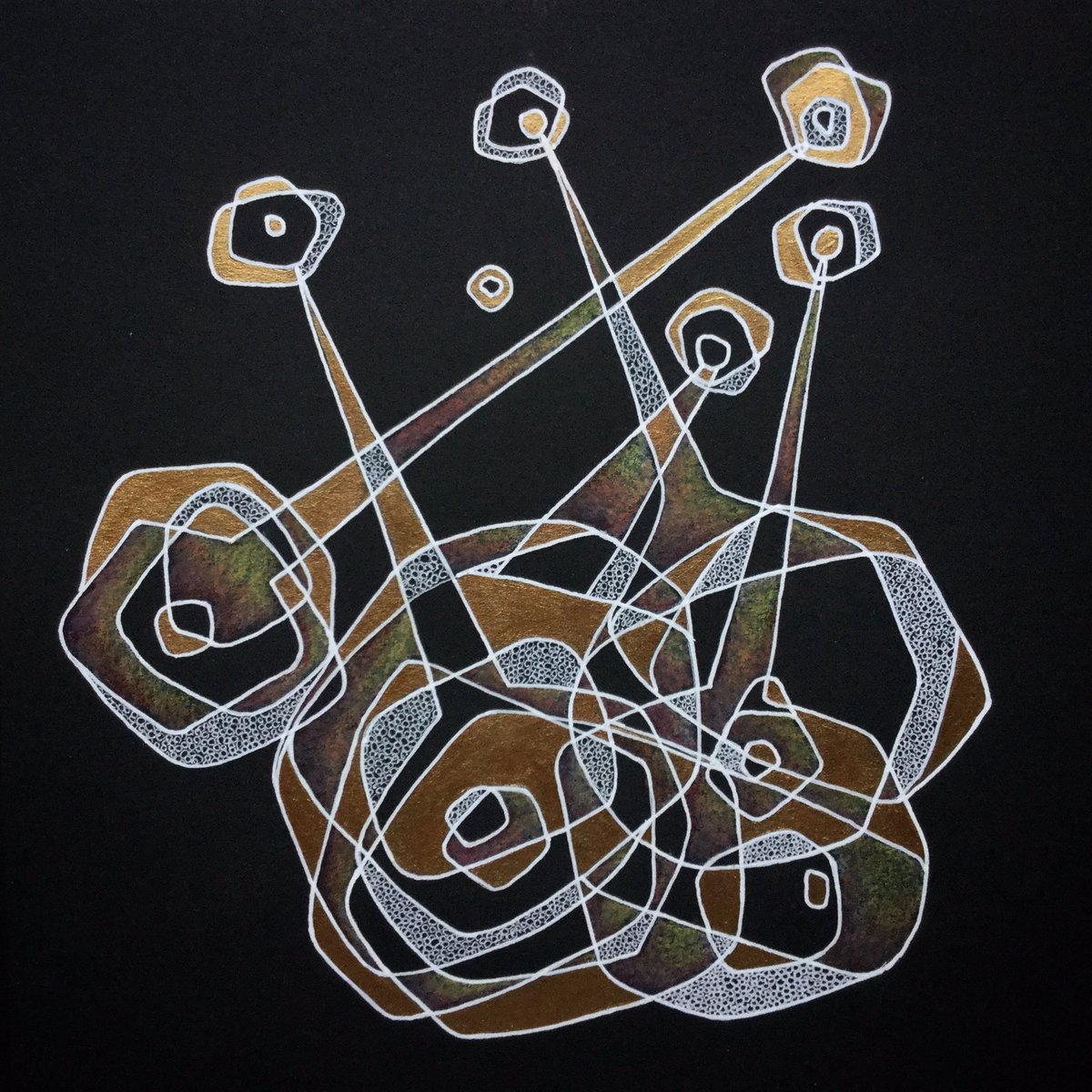 outtaherefolks's tweet photo. Phoebus Cartel ~  acrylics on 8” x 8” black paper. Continuing to finish pieces for my solo show; Peregrination @buttonfactoryarts in @uptownwaterloo : Opening May 3rd. #drawingonblackpaper #abstractart #abstract #drawing #art  #acrylicsandink #ink #acrylics #blackpaper https://t.co/YnI33Cndau