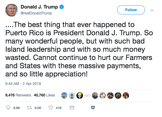 AdamSerwer's tweet photo. The president believes white farmers in the midwest are true Americans and therefore entitled to aid, and Puerto Ricans are not. It's not more complicated than that. https://t.co/kUBq45pqcR