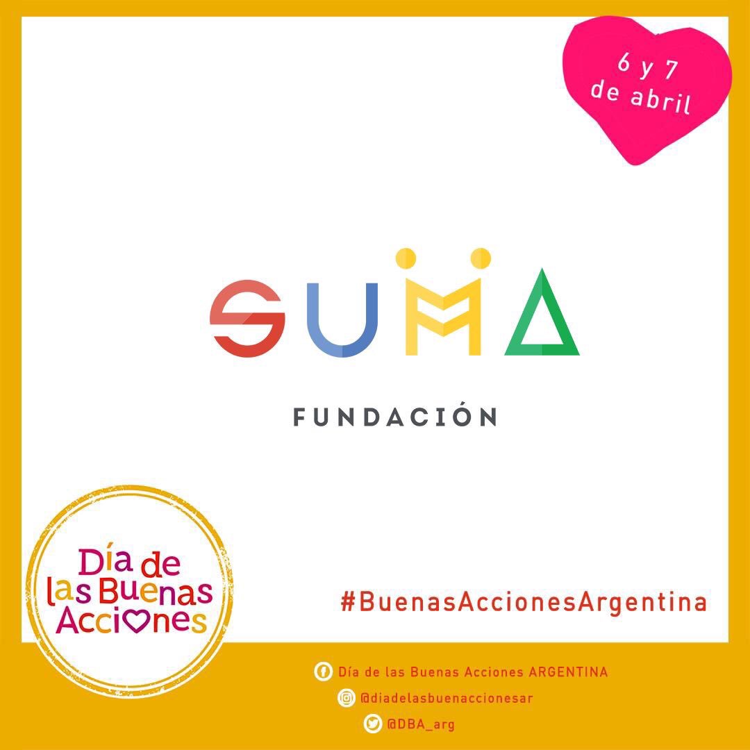 DBA_arg's tweet photo. ¡ @FundSuma​ participa del #DíaDeLasBuenasAcciones en Argentina!
6 y 7 de abril.
Link para inscripciones: https://t.co/qp664AzOH4
.
#BuenasAccionesArgentina #HaciendoElBien #GoodDeedsDay #DoingGood #ONG #OSC #Solidaridad #Voluntariado #Volunteer #Argentina #SUMA https://t.co/RrJbX3QevI