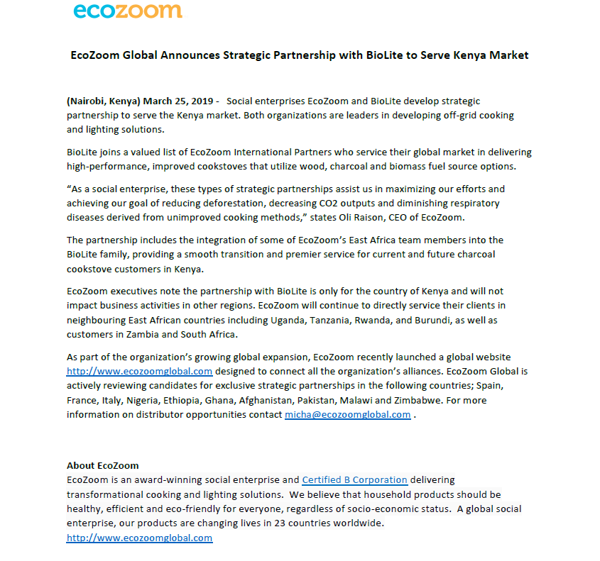 EcoZoom and Biolite form strategic partnership to better serve Kenya market.