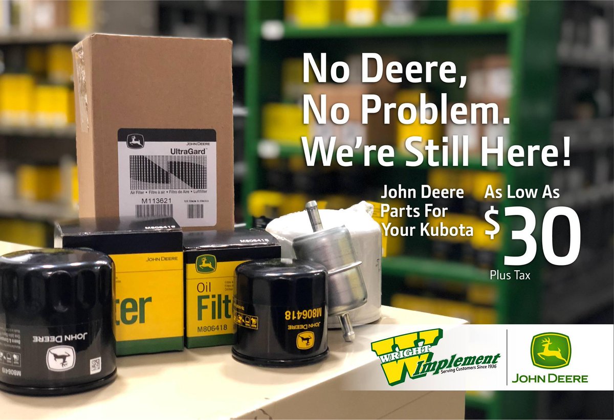WrightImp's tweet photo. John Deere Parts for your Kubota priced "Wright".
#WrightImp #Kubota https://t.co/fG5kJIysgD