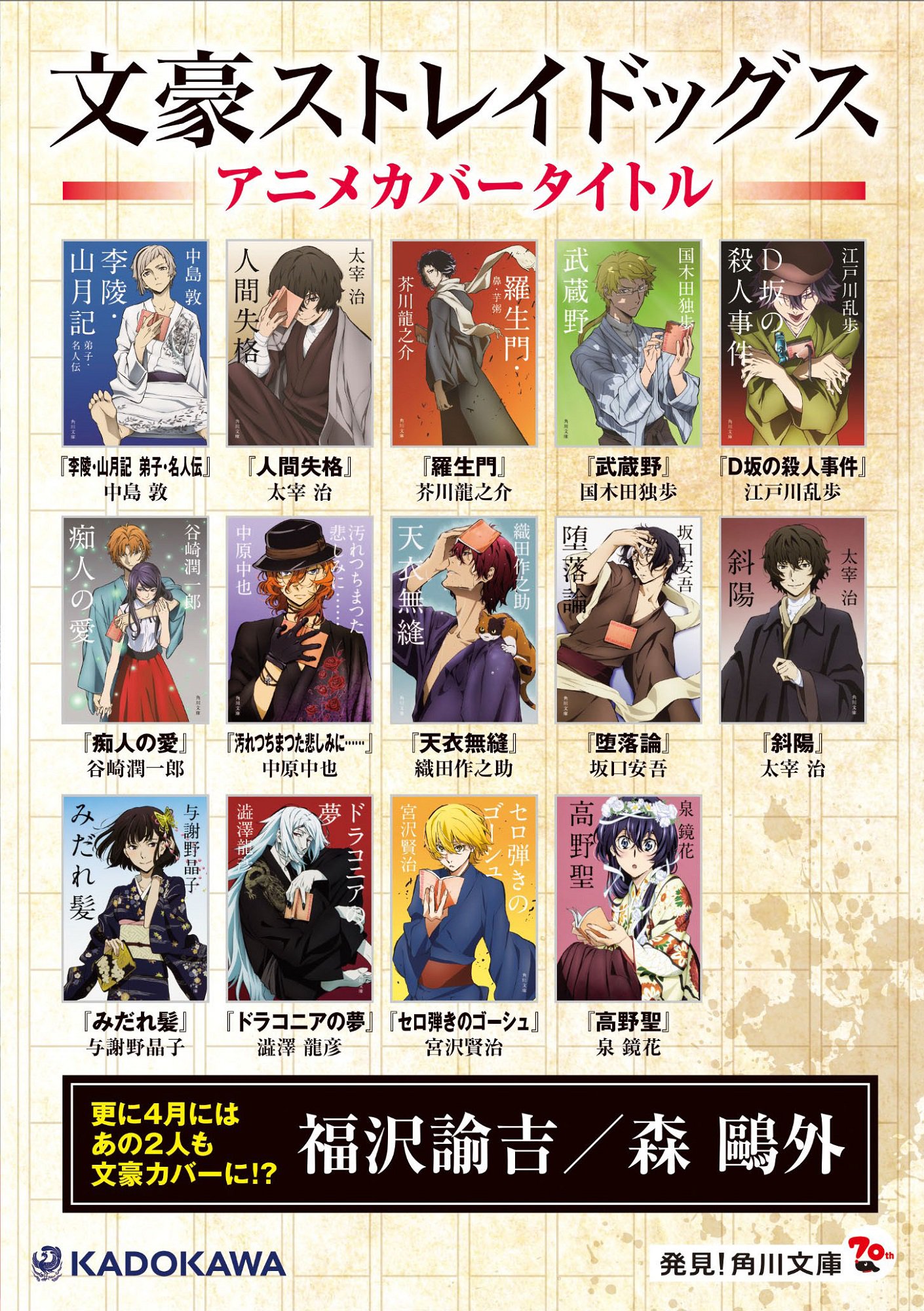アニメ 文豪ストレイドッグス わん 公式 Info 角川文庫にて 文豪ストレイドッグス アニメ描き下ろしカバータイトルが展開中です そして今月4月にはついに福沢諭吉と森鷗外がラインナップに登場 気になる作品名や表紙デザインについては 続報を アニメ 文豪ストレイドッグス わん 公式 Info 角川文庫にて 文豪ストレイドッグス アニメ描き下ろしカバータイトルが展開中です そして今月4月にはついに福沢諭吉と森鷗外がラインナップに登場 気になる作品名や表紙デザインについては 続報を