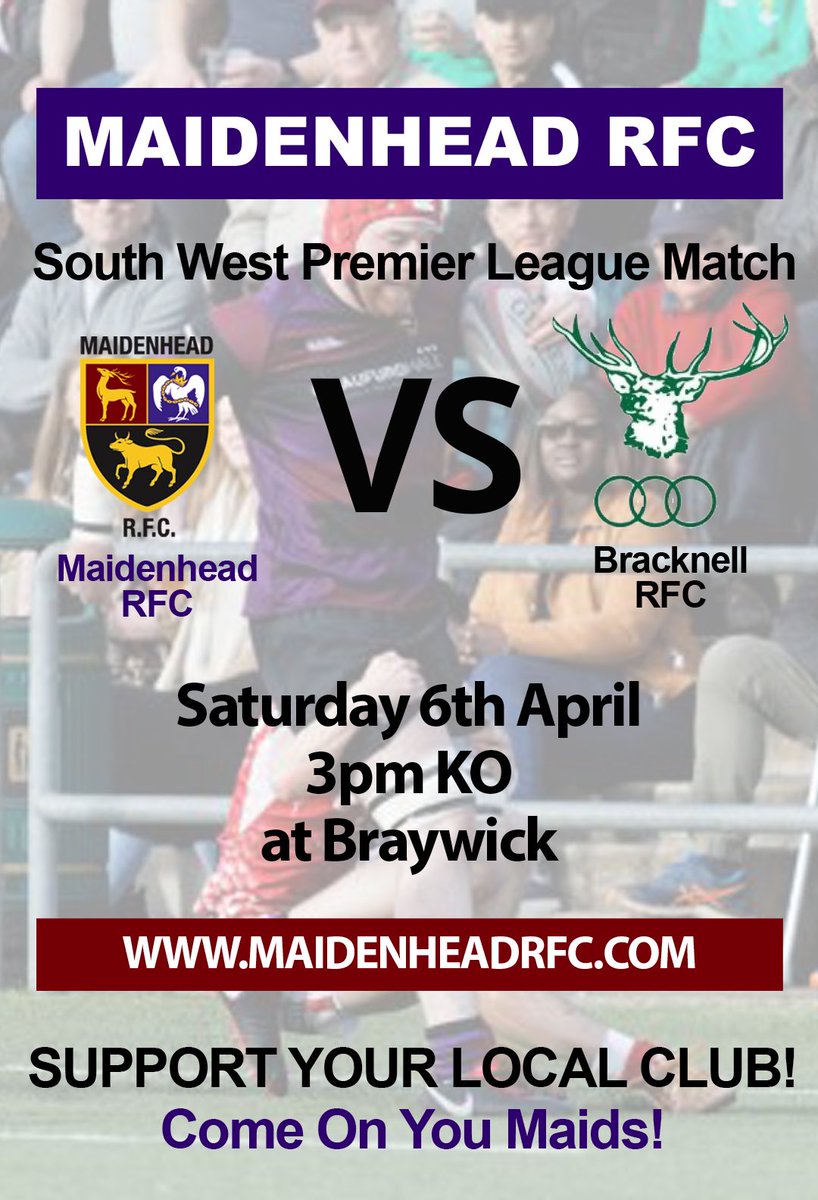 maidsrfc's tweet photo. A huge huge game for the 1st XV this Saturday, as local rivals Bracknell come to town. Despite a disappointing loss on Saturday, the lads are still in with a shot of the playoff, come down and give them a cheer...
#COYM #playingforRene https://t.co/xUAwco9SzI