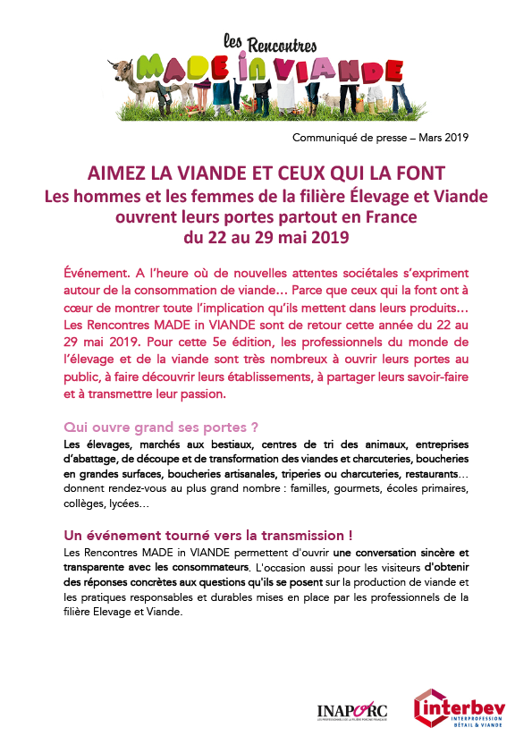 Interbev_fr's tweet photo. "Aimez la viande et ceux qui la font" avec les Rencontres #MadeinViande 2019.
Du 22 au 29 mai, les professionnels de la filière #Élevage et #Viande ouvrent leurs portes au public pour partager leur savoir-faire et transmettre leur passion.
➡️ CP : https://t.co/3DsTWRUkzf https://t.co/l5D2Rvadjr