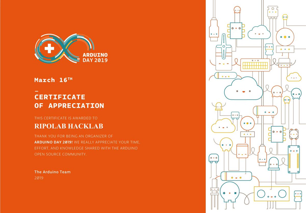 RipoLab's tweet image. This is our firts Certificate of Appreciation for arranging #ArduinoDay2019 has come from The Arduino Team @arduino 😀
This year the day was celebrated in 659 events of 106 countries. We are proud to be a part of it! #ArduinoD19 #Ripollet
