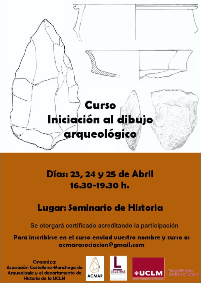 AsociacionACMAR's tweet photo. 'Curso Iniciación al dibujo arqueológico' en la Facultad de Letras de Ciudad Real @DeLetras_UCLM @uclm_es, organizado por #ACMAR y el Dpto. de Historia de la facultad. Especialmente recomendable para los alumnos de @GradoHistoriaCR interesados en la #Arqueología. 23-25 de abril. https://t.co/fgMPNpBa2K