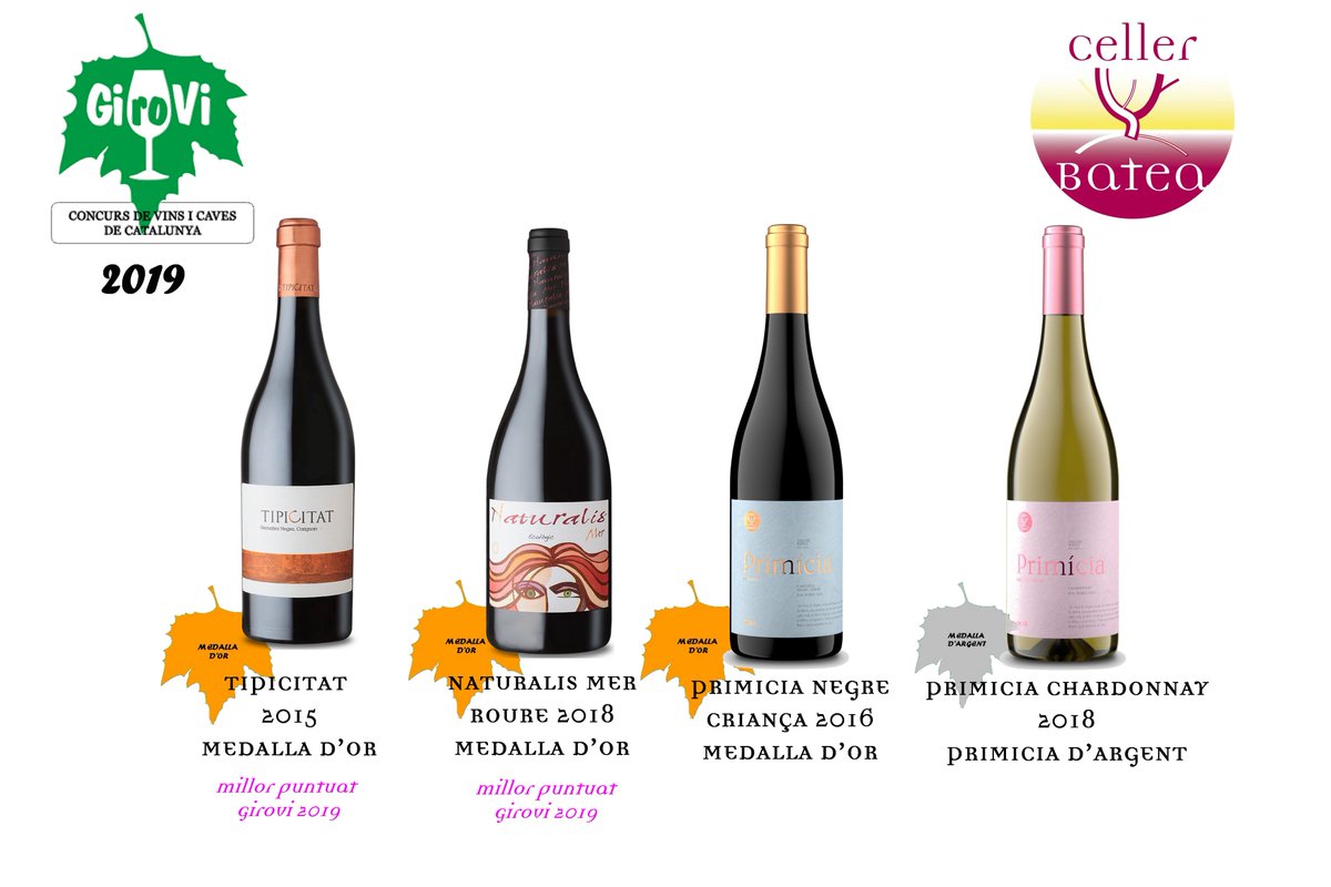 Molt contents amb els resultats obtinguts a #Girovi2019.
3 Medalles d'or #Tipicitat, #NaturalisMerroure, #Primicianegrecriança i 1 medalla de Plata #PrimiciaChardonnay
Enhorabona a tot l'equip!!