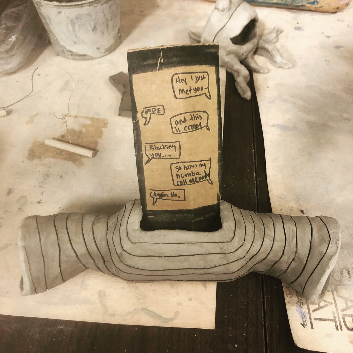 khenryart's tweet photo. @OakGroveArt202 & I got a lil wacky while making cardboard phone templates for our ceramic speaker project. #turner202strong #tmsPRIDE #clay #socallmemaybe https://t.co/0qbr2tRC4I