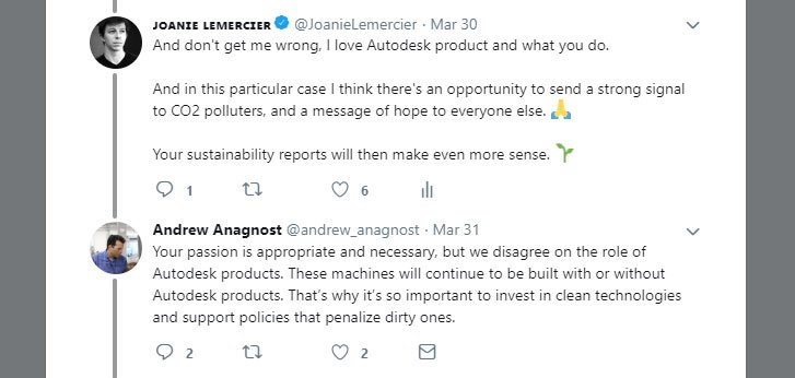 I reached out to  @andrew_anagnost CEO of AutodeskHere's his response:1- Someone has to do it2- We give away free software to other companies3- He removed RWE from his website overnightAndrew is giving us a good demonstration on how leaders deal with  #ClimateChange issues.