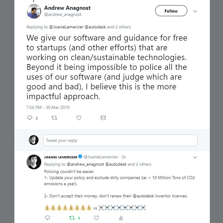 I reached out to  @andrew_anagnost CEO of AutodeskHere's his response:1- Someone has to do it2- We give away free software to other companies3- He removed RWE from his website overnightAndrew is giving us a good demonstration on how leaders deal with  #ClimateChange issues.