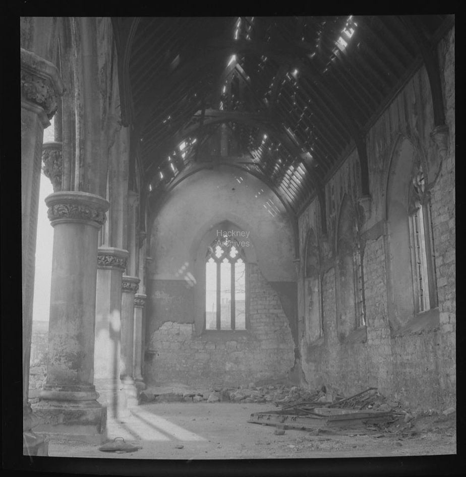 A rather lovely (if also rather sad) photograph of #bombdamage suffered by St Barnabas church in #Homerton. Taken by #RAGibson in 1954/1955 prior to its restoration a few years later. More pics here facebook.com/pg/HackneyArch…