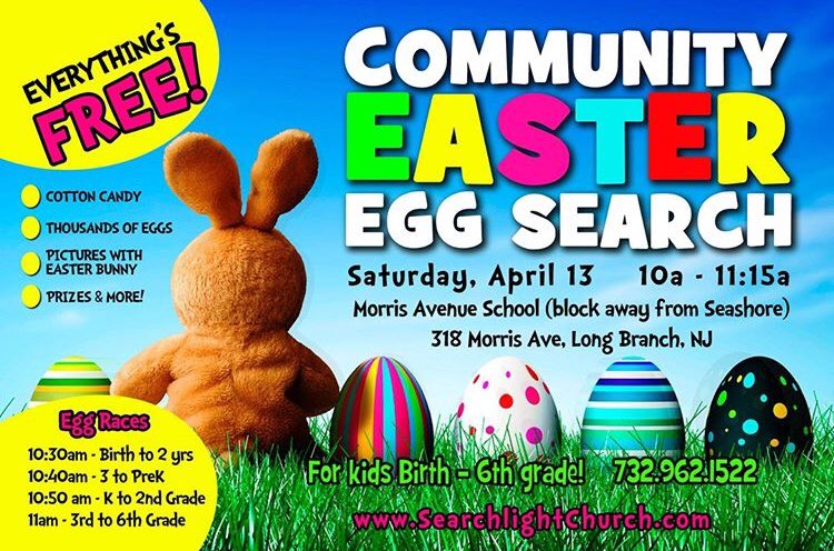 livethelight's tweet photo. It's time for the 2019 Searchlight #EggSearch!
For more information, go to our website....www.Searchlightchurch.com!
No pre-registration required....just come on down to 318 Morris Avenue in #LongBranch on Saturday, April 13th! #LongBranch #Oceannj #Egghunt #community https://t.co/33E0dIg5Lw