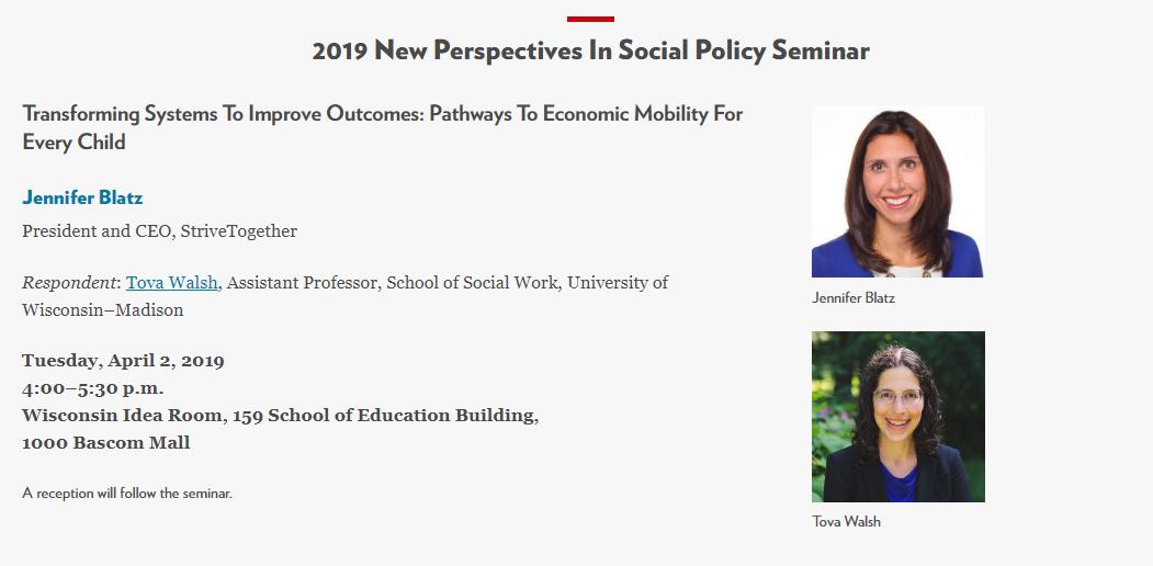 Poverty Research IRP (@irp_uw) on Twitter photo Today at IRP, we're so pleased to welcome <a href="/JenBlatz/">Jennifer Blatz</a>, President and CEO of <a href="/StriveTogether/">StriveTogether</a>, who will be giving a talk on "Transforming Systems to Improve Outcomes: Pathways to Economic Mobility for Every Child."
<a href="/DrTovaWalsh/">Tova Walsh</a> will be responding.
Join us at 4pm, 159 Ed. Bldg. Today at IRP, we're so pleased to welcome <a href="/JenBlatz/">Jennifer Blatz</a>, President and CEO of <a href="/StriveTogether/">StriveTogether</a>, who will be giving a talk on "Transforming Systems to Improve Outcomes: Pathways to Economic Mobility for Every Child."
<a href="/DrTovaWalsh/">Tova Walsh</a> will be responding.
Join us at 4pm, 159 Ed. Bldg.
