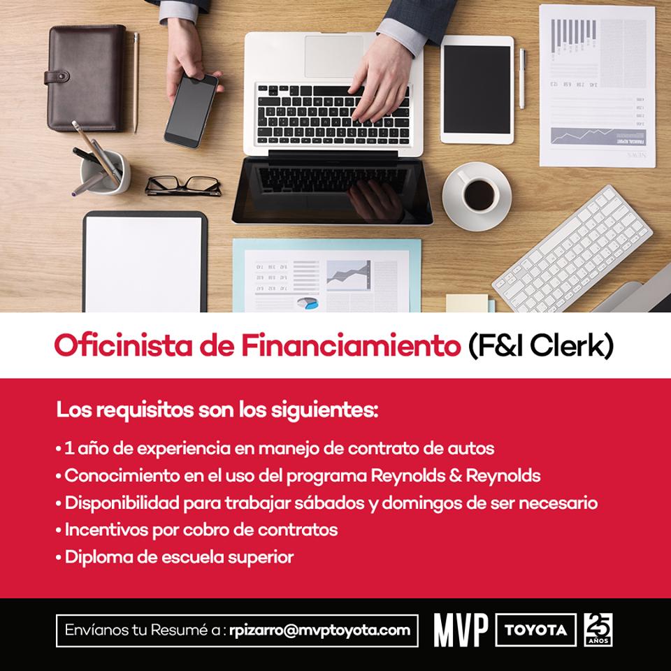 MVPToyotaPR's tweet photo. OPORTUNIDAD DE EMPLEO – Se solicita Oficinista de Financiamiento (F&amp;I Clerk)  para nuestro concesionario ubicado en Caguas.
Envía resumé a: rpizarro@mvptoyota.com. https://t.co/DwbOIwB9Lk