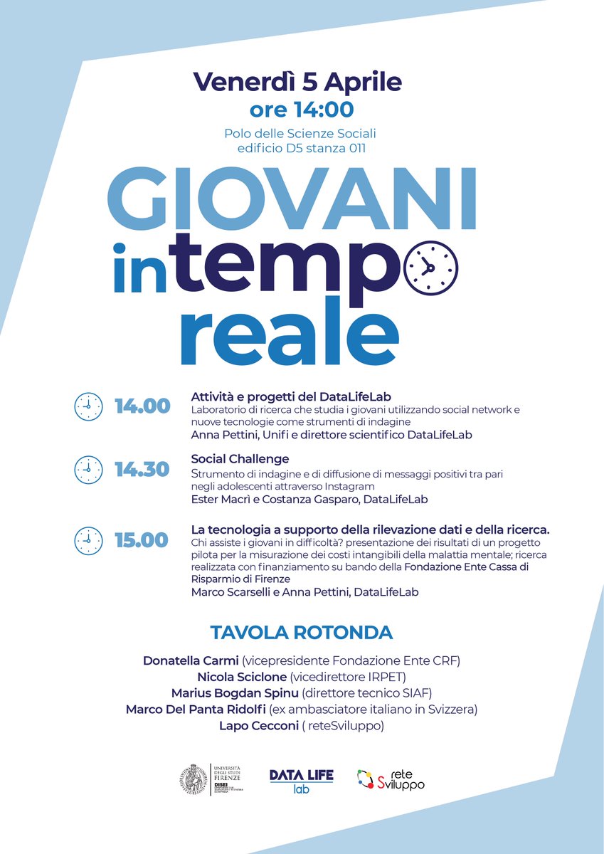 datalifelab's tweet image. “Giovani in tempo reale” a cura del @datalifelab, laboratorio di  @UNI_FIRENZE, @KinoaTech e @reteSviluppo.

venerdì 5, ore 14 presso il Polo delle Scienze Sociali.

Verranno presentati la #SocialChallenge e i risultati del progetto sulla malattia mentale dalla @FondazioneCRF.