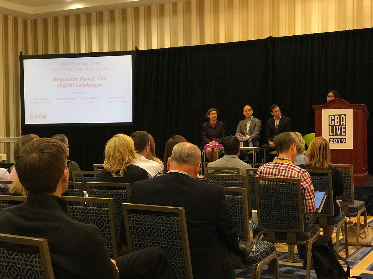 ConsumerBankers's tweet photo. Grace Powers @WellsFargo welcomes regulators from @federalreserve @USOCC @CFPB to #CBALIVE! Attendees learn how the digital regulatory environment is changing &amp; regulators’ views on new or updating regulations to address or promote innovation. https://t.co/4yZh8snT51