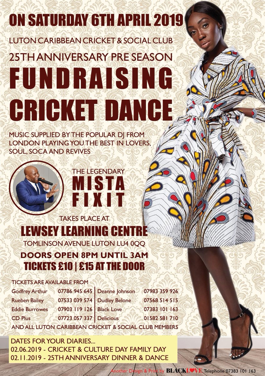 Our 25th Anniversary celebrations begins this Saturday at the Lewsey Learning Centre Tomlinson Avenue Luton LU4 0QQ. Music on the night provided by the popular Mista Fixit. Licenced bar and hot buffet available. Tickets £10.00 on the door £15.00
MAKE IT A DATE AND DON'T BE LATE!