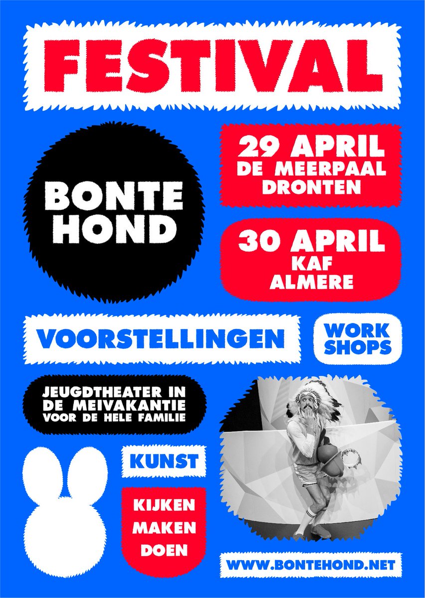 Met trots en plezier presenteren wij samen met <a href="/KAF036/">厒-kafu</a> en <a href="/DeMeerpaal/">De Meerpaal</a> de allereerste editie van het BonteHondfestival! Het Flevolandse jeugdtheaterfestival in de meivakantie. Meer info: bit.ly/2uHr1OE