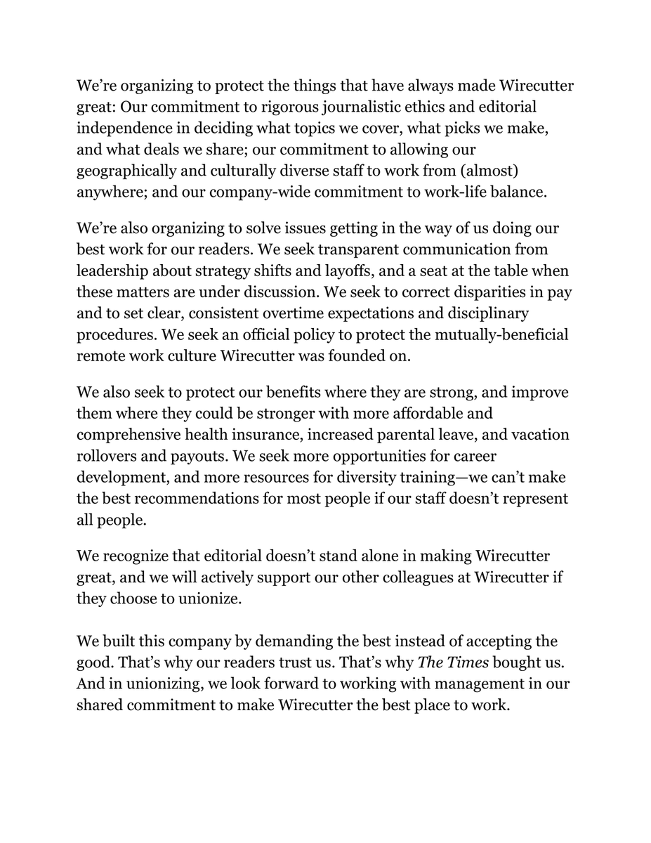 We’re excited to announce that <a href="/wirecutter/">NYT Wirecutter</a>’s editorial staff has formed a union with <a href="/nyguild/">NewsGuild of New York</a> so we can work together to make Wirecutter the best place to work. Here’s our full mission statement. wirecutterunion.com [1/4]