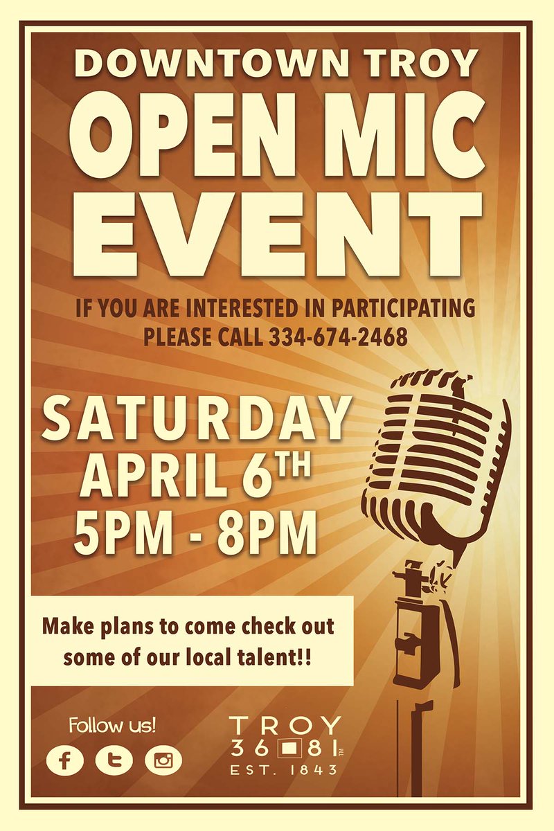 Attention Vocalists! We're having a Downtown Open Mic this Saturday! Give us a call if you'd like to participate! #36square81 #downtowntroyalabama