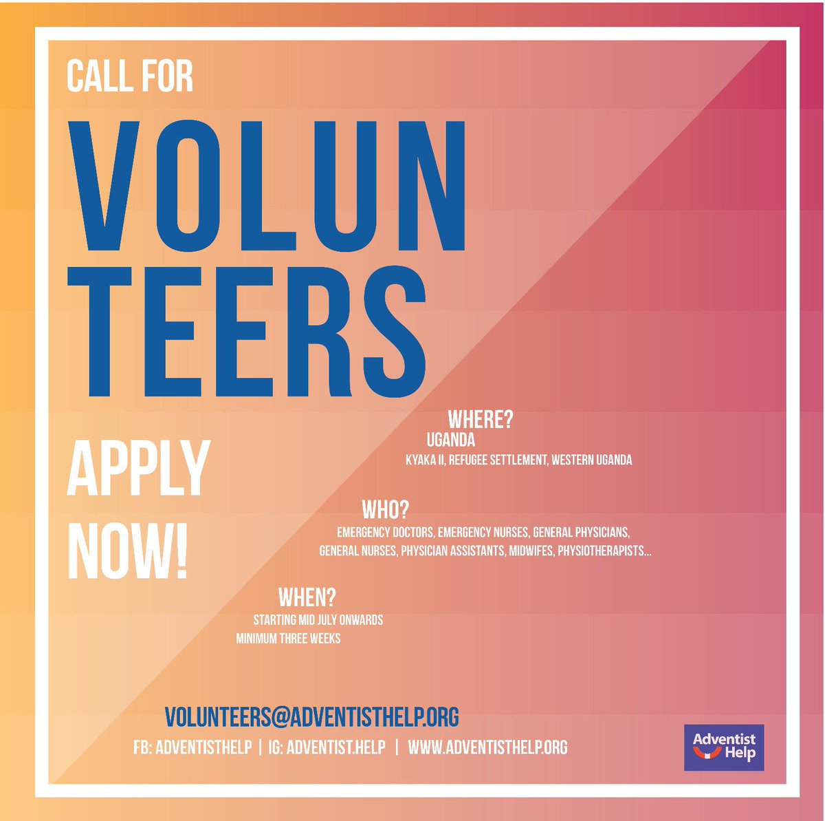 Adventist_Help's tweet image. \\ CALL FOR VOLUNTEERS // 

For the new ADRA / Adventist Help Emergency Field Hospital in Kyaka II Refugee Settlement, Western Uganda.

Looking for medical volunteers.

More information
• facebook.com/adventisthelp •
• volunteers@adventisthelp.org •

APPLY TODAY!