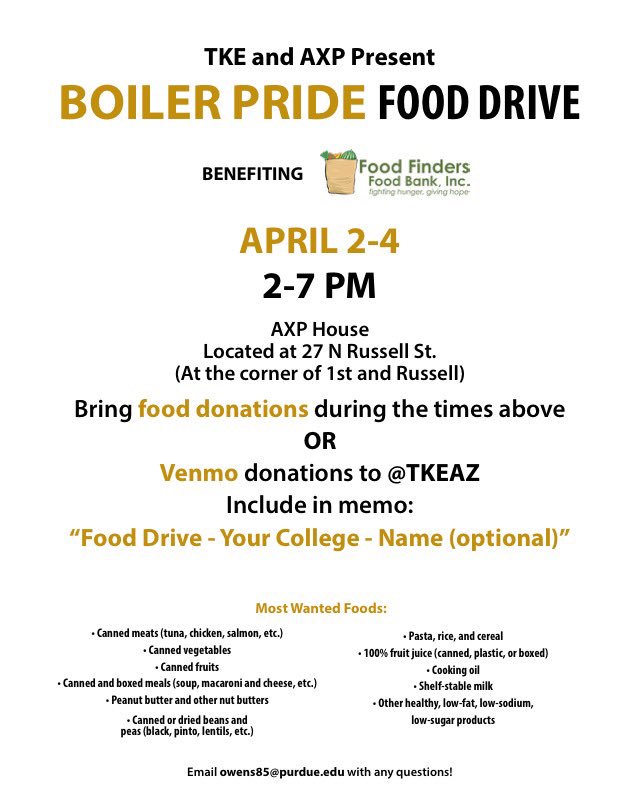 This week we'll be hosting a food drive with Alpha Chi Rho. Details are attached below. We hope to see you there!