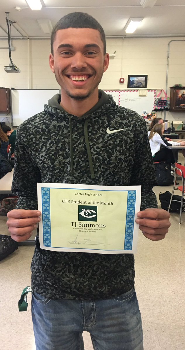 heathervol's tweet photo. Congratulations TJ Simmons, Carter High School CTE Student of the Month for April. TJ is a concentrator in Structural Systems. https://t.co/lQnmQ9VDWk