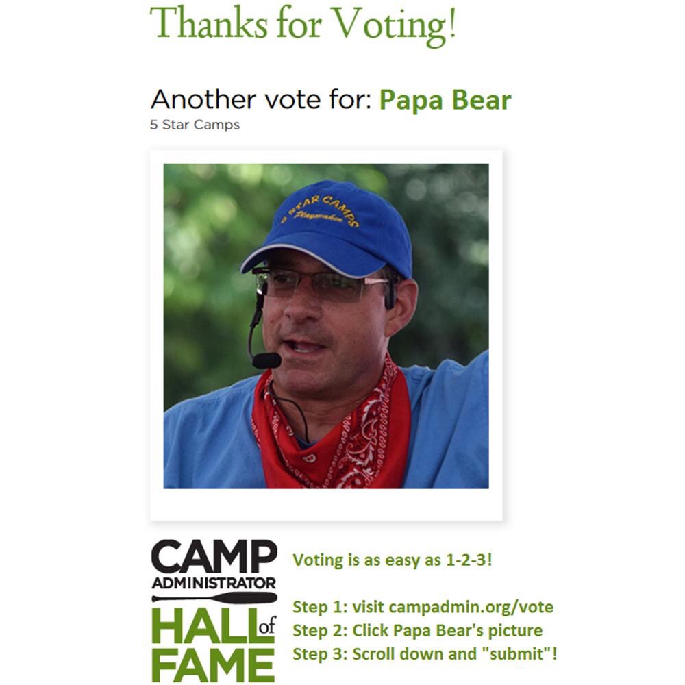 5StarCampsCosmo's tweet photo. We need your help! 

Papa Bear has been nominated for the Camp Administrators Hall of Fame. Help him win by visiting https://t.co/GQBl0vFGK4 click on his picture, and scroll to the bottom and click "Submit".

You can vote once per day, per device, until April 18, so get going! https://t.co/28mm5Bjvez