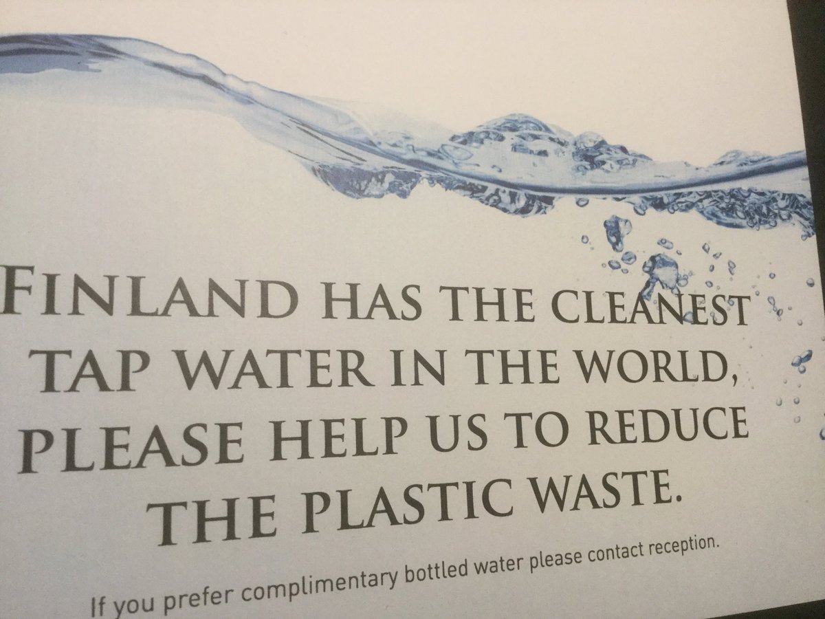 I found this in a hotel room in Helsinki.  Others should follow.  Stop tapping water on plastic bottles when unnecessary.  All over Europe you can drink tap water.