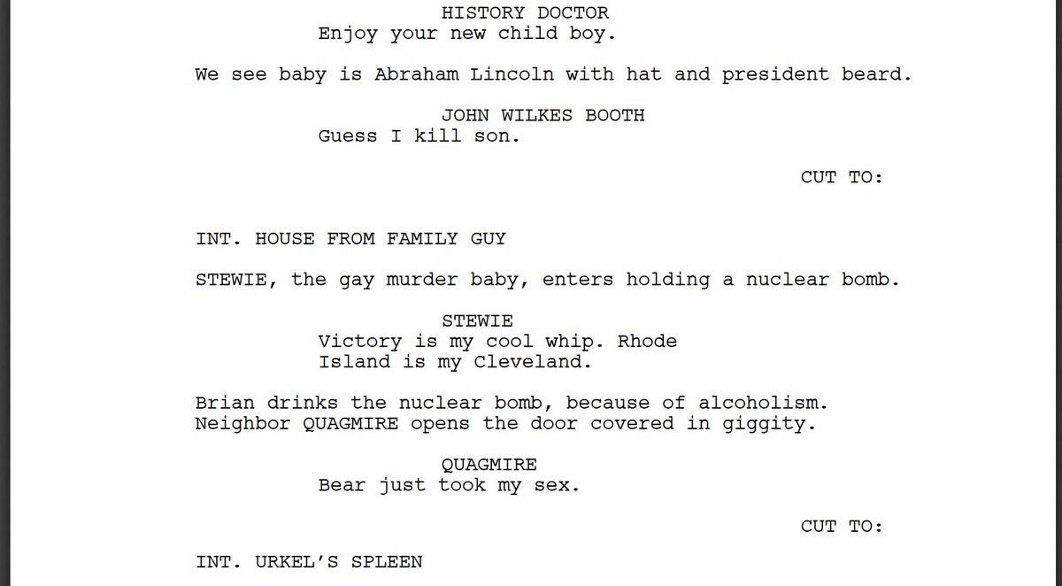 KeatonPatti's tweet photo. I forced a bot to watch over 1,000 hours of Family Guy and then asked it to write a Family Guy episode of its own. Here is the first page. https://t.co/jSfCRvRSW8