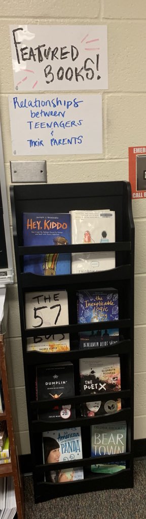 SabraGerber's tweet image. This week’s display: books that feature relationships between teens &amp;amp; their parents. Books come from those currently available in my #classroomlibrary, but what would you add? #buildyourstack #highschoolreaders @AcevedoWrites @StudioJJK @rainbowrowell @DashkaSlater @gloriacchao