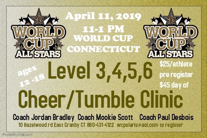 cheerUPDATES's tweet photo. World Cup Connecticut Tumble Clinic! April 11! 11-1pm! Pre-Register $25 ✨ @WC_Polaris https://t.co/jxLqbx90KM