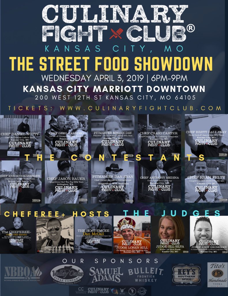 We're kicking off the 2019 Kansas City Season with a little fireworks!

#CulinaryFightClub has partnered with the National BBQ and Grilling Association 2019 Conference with a little KC Street Food Showdown! 
10 teams-1 Winner
bit.ly/2D3K7oa
4/3 -6p <a href="/Marriott/">Marriott Hotels</a> KC Downtown