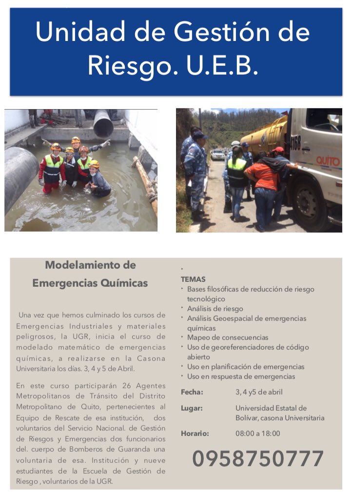 UebUgr's tweet photo. La Unidad de Gestión de Riesgos, inicia curso de Modelamiento de Emergencias Químicas. El evento se realizará en la Casona Universitaria de la U.E.B. los días 3, 4, y 5 de Abril https://t.co/EPJZ8IGHo1