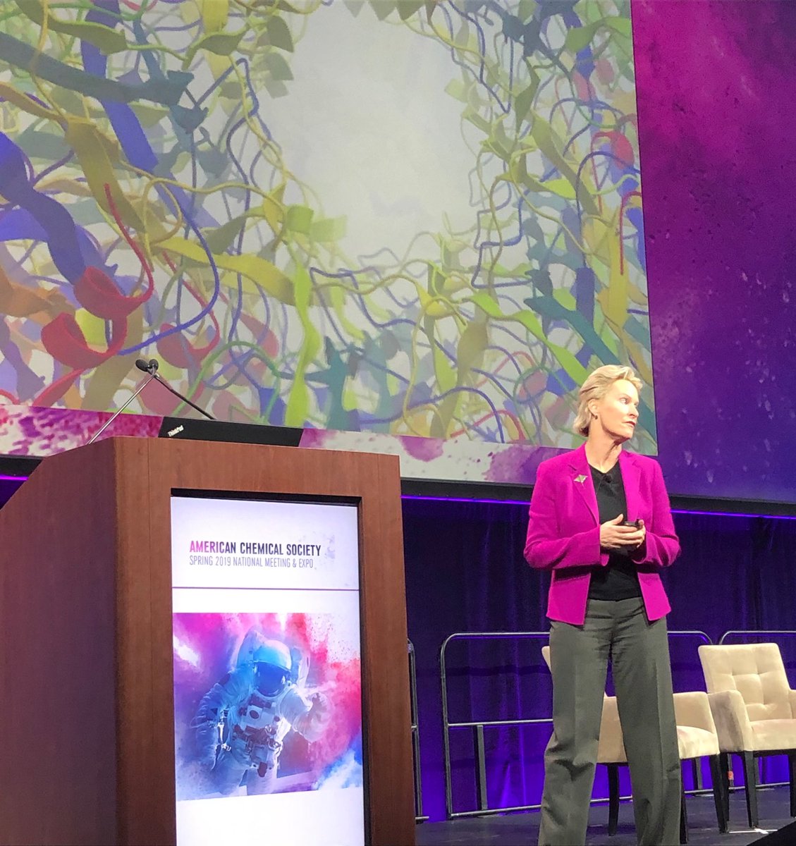 BibianaCampos's tweet photo. @francesarnold delivering fantastic talk on protein evolution to (huge) packed room at the NASA symposium during #ACSOrlando #innovation https://t.co/tb3RxLaQU0