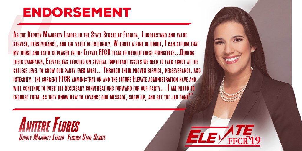 ElevateFFCR's tweet photo. It brings us joy to announce the endorsement of State Senator @anitere_flores! Welcome to the team!  #ElevateFFCR #FlaPol #GOP #ProAmerica #FFCR https://t.co/5YlVyvYqgb