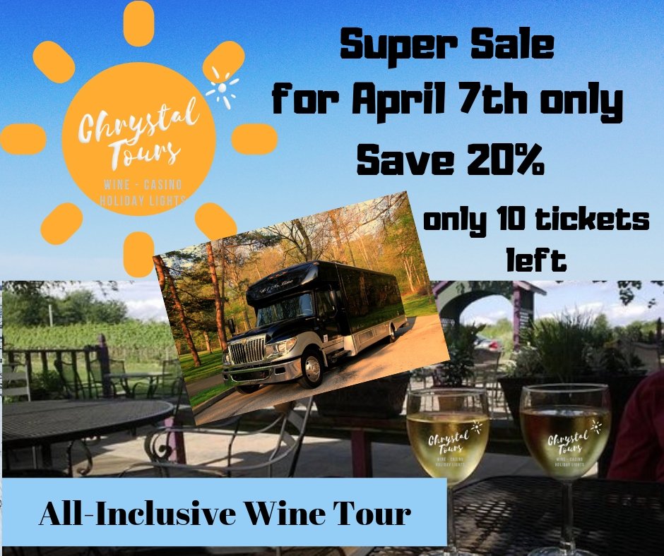 Super savings for April 7th only! Save 20%! Only 10 tickets available. To take advantage of this savings call 440-943-5466. For tour info and other dates click eventbrite.com/o/chrystal-tou…
Sale ends 04/05  #wine #winetasting #winery #Cleveland
