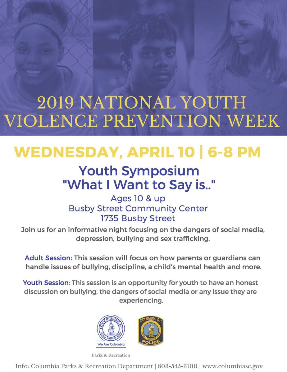 ColaSCParksRec's tweet image. Our National Youth Violence Prevention Week Youth Symposium is Wednesday, April 10. Join us as we address issues children today. bit.ly/2u6tMZw #NYVPW
