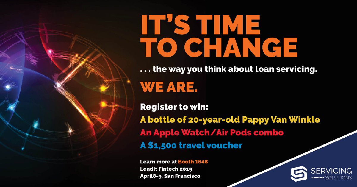 ServicingSol's tweet photo. Servicing Solutions is giving away a bottle of 20-year-old Pappy, $1,500 Travel Certificate, Apple Watch and Airpods at the #LendItFintech Conference coming up in San Francisco.
Enter here: https://t.co/COkFmSGrTK
Double your chances &amp; visit us at Booth 1648 at #Lendit! https://t.co/ruJbIM5mgd