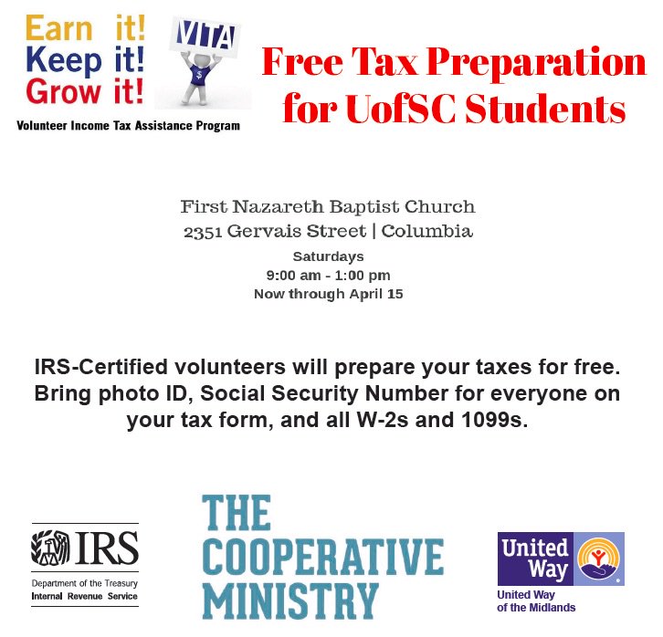 FREE TAX RETURN PREP FOR UofSC STUDENTS – IRS certified 🏢 volunteers will prepare your #taxe$ for FREE! 💸 Saturdays thru April 15, 9am-1pm 2351 Gervais St. Bring photo ID, SSN – Tax form, W-2s &amp; 1099s! 📄 🖊 THIS IS A FREE SERVICE FOR YOU! #GMGads